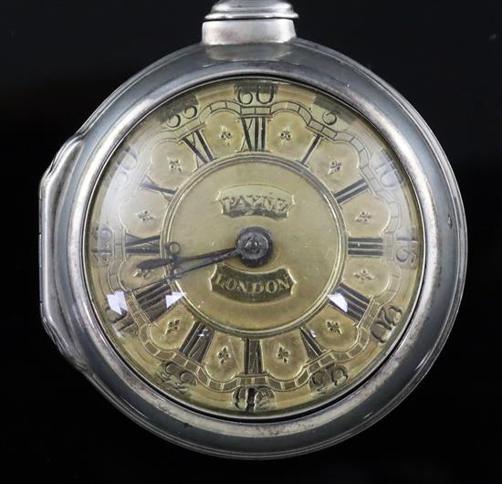 Richard Payne, London, a George II silver pair-cased keywind verge pocket watch, No, 20871, with gilt Roman dial,